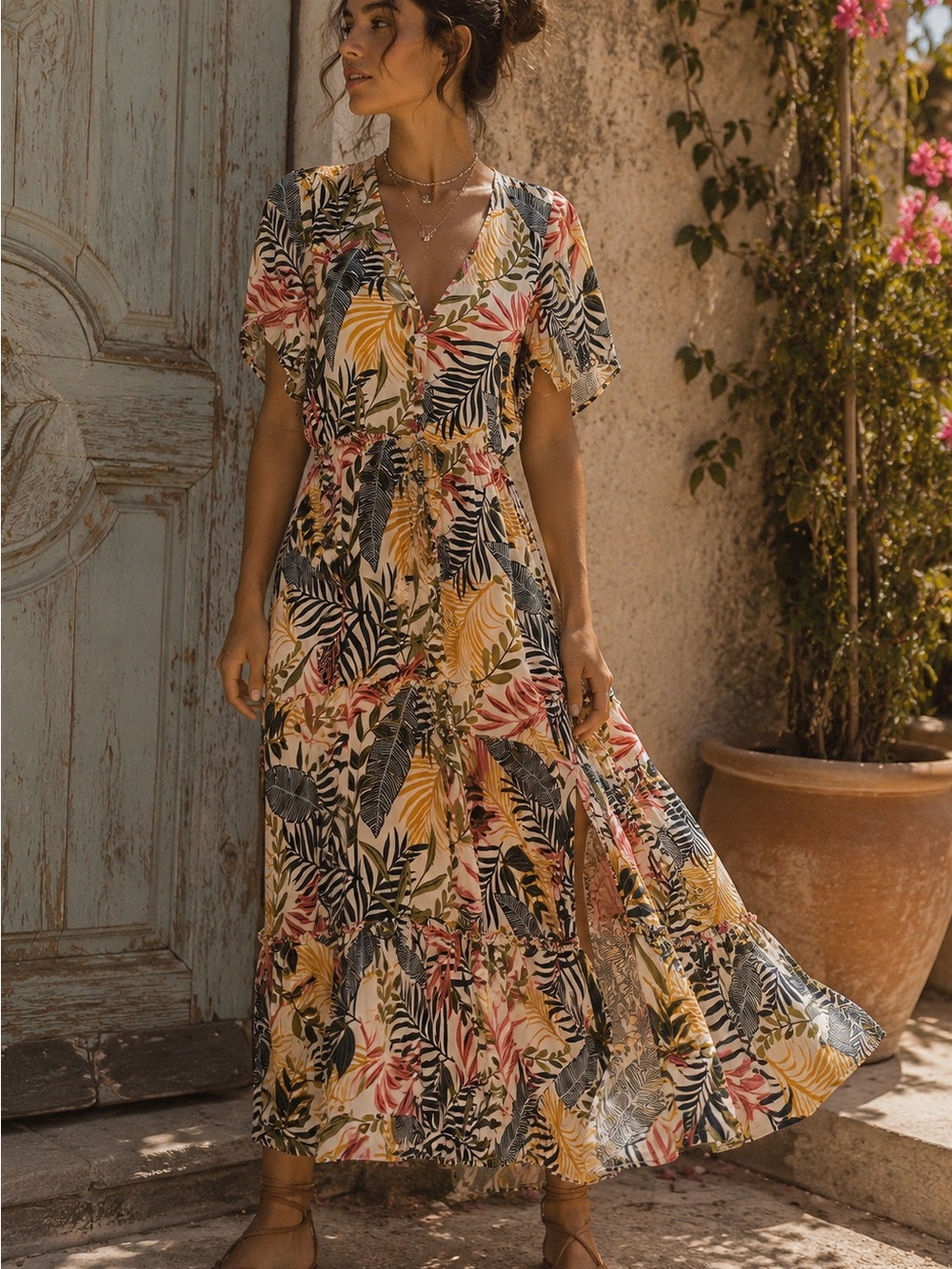 Sunday Mi Amor Tropical Leaf Print Button Front Tassel Boho Maxi Dress XS
